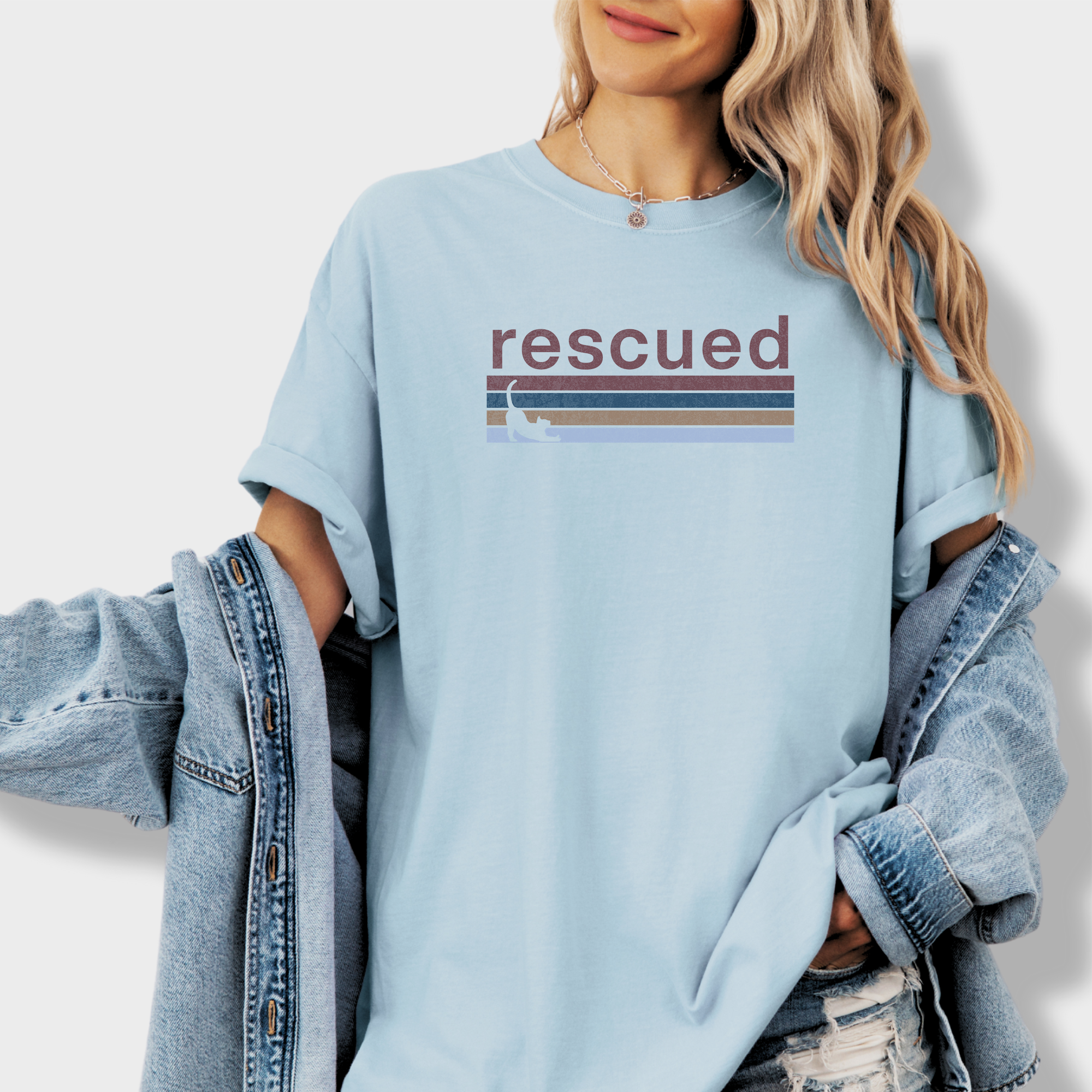 Retro Cat Rescued Cat Graphic Comfort Colors T-Shirt in Chambray-Fetch N Found