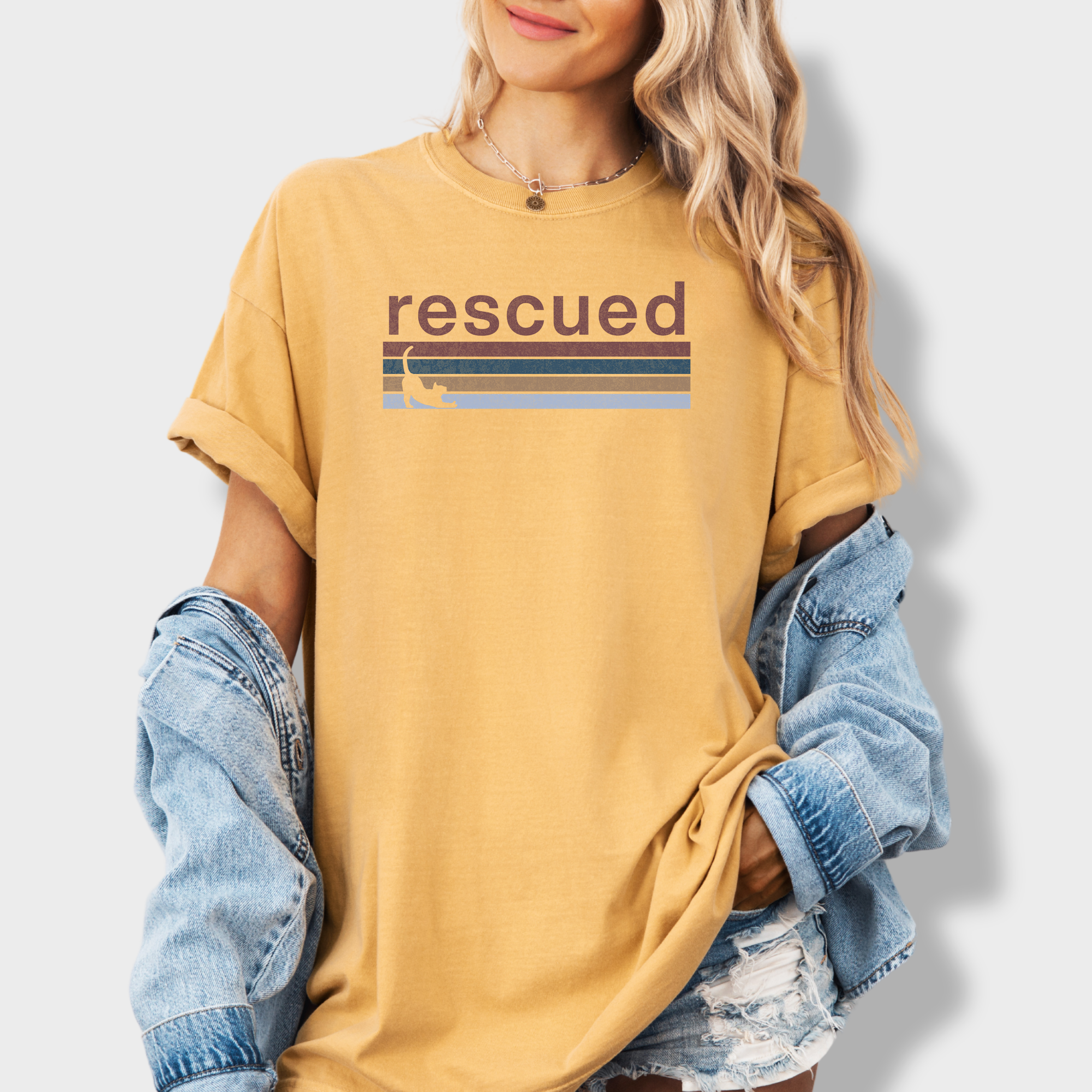 Retro Cat Rescued Cat Graphic Comfort Colors T-Shirt in Mustard-Fetch N Found
