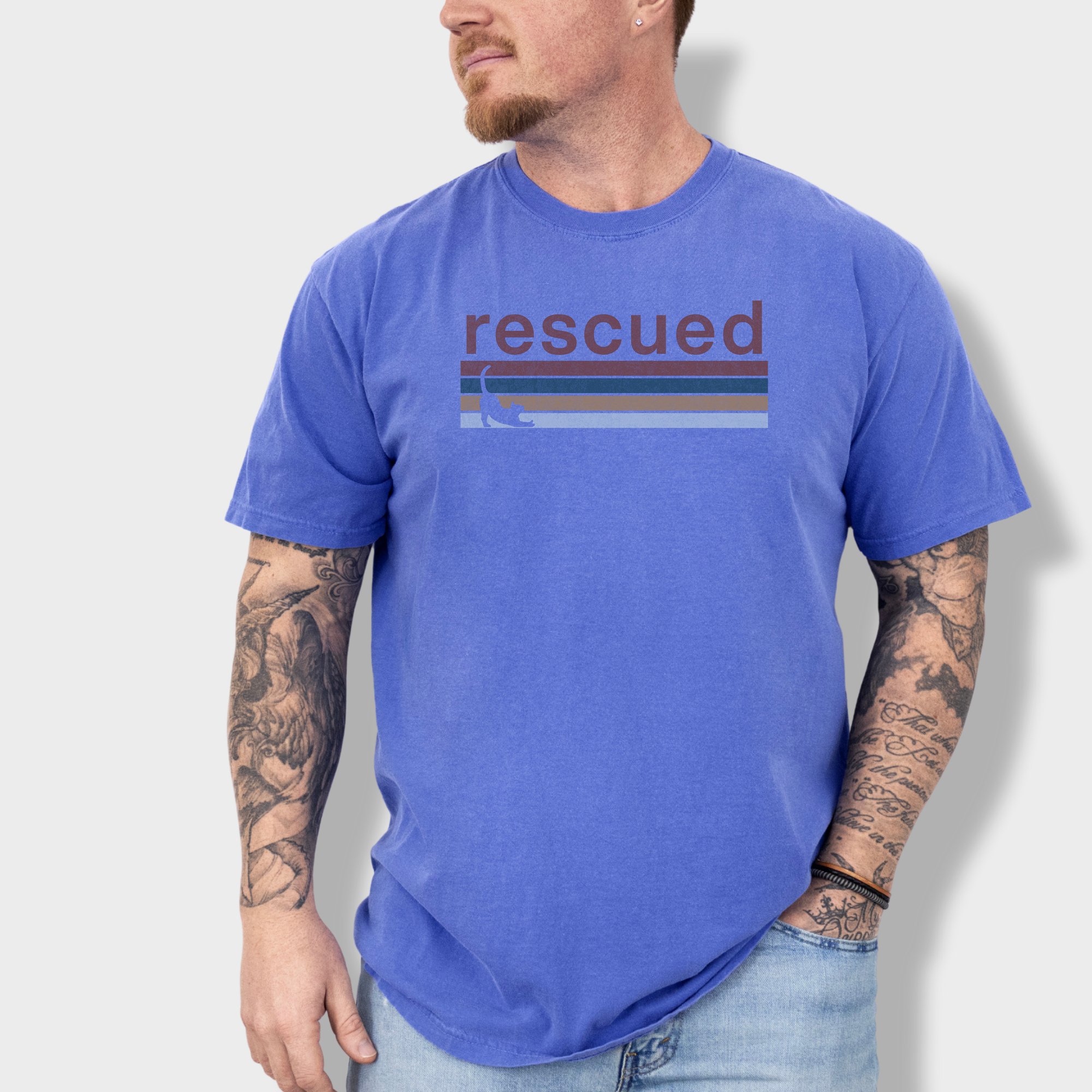 Retro Cat Rescued Cat Graphic Comfort Colors T-Shirt in Flo Blue-Fetch N Found
