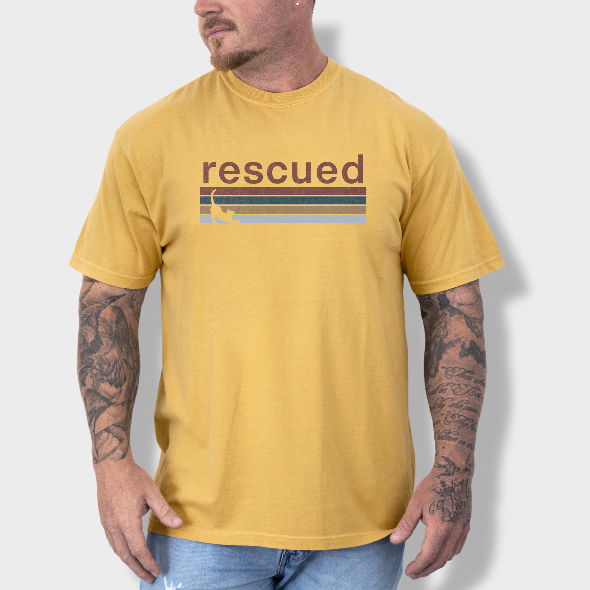 Retro Cat Rescued Cat Graphic Comfort Colors T-Shirt in Mustard-Fetch N Found