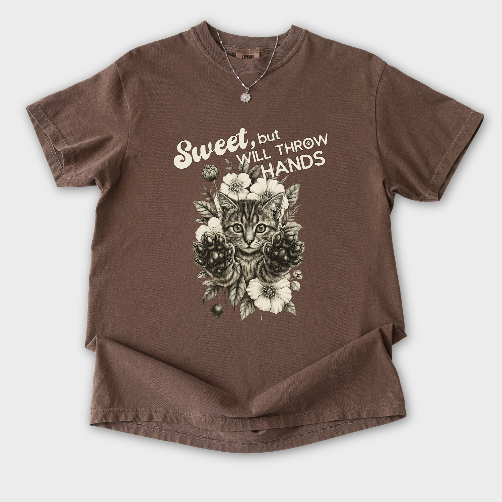 Vintage Sweet But Will Throw Hands Cat Graphic Comfort Colors T-Shirt in Espresso-T-Shirt-Espresso-S-Fetch N Found