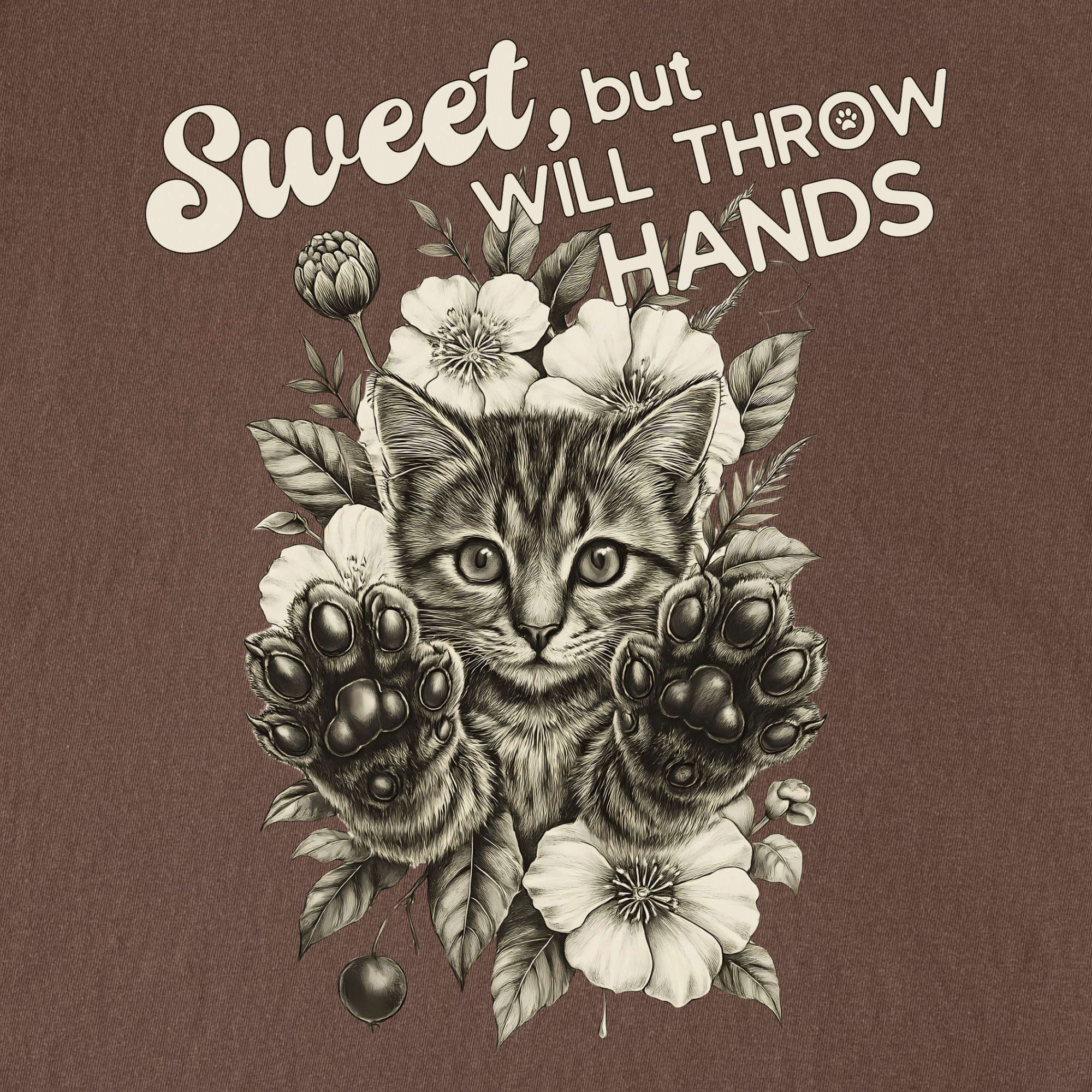 Vintage Sweet But Will Throw Hands Cat Graphic Comfort Colors T-Shirt in Espresso-T-Shirt-Fetch N Found