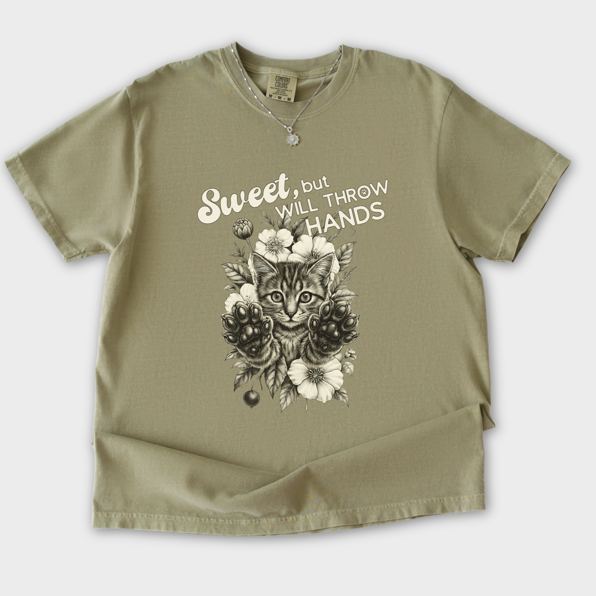 Western Sweet But Will Throw Hands Cat Line Art Comfort Colors T-Shirt in Khaki-T-Shirt-Khaki-S-Fetch N Found
