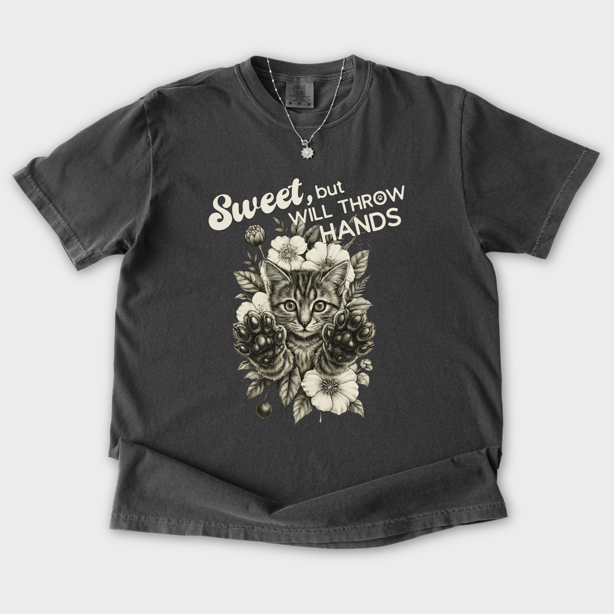 Western Sweet But Will Throw Hands Dog Line Art Comfort Colors T-Shirt in Pepper-T-Shirt-Pepper-S-Fetch N Found