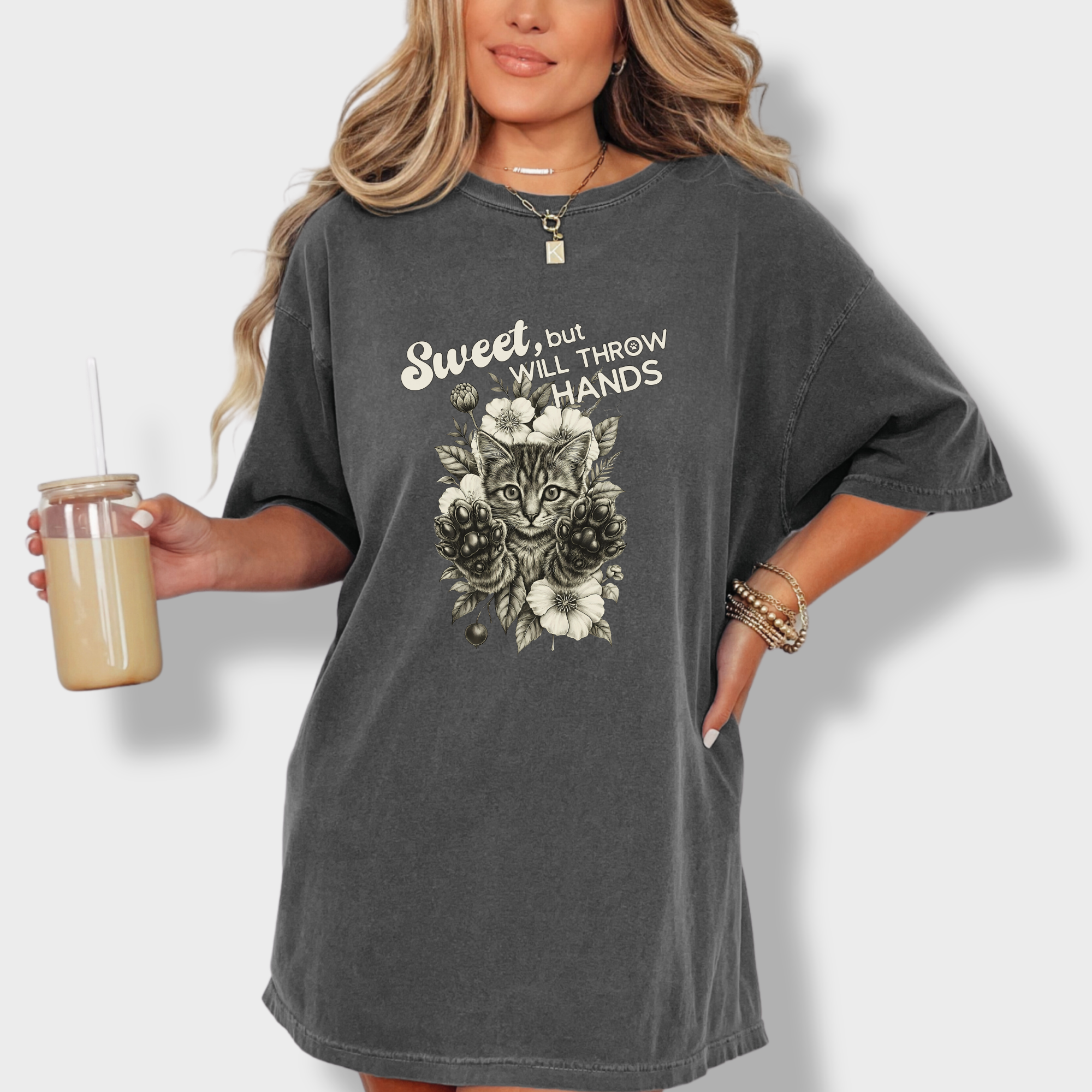 Western Sweet But Will Throw Hands Dog Line Art Comfort Colors T-Shirt in Pepper-T-Shirt-Fetch N Found