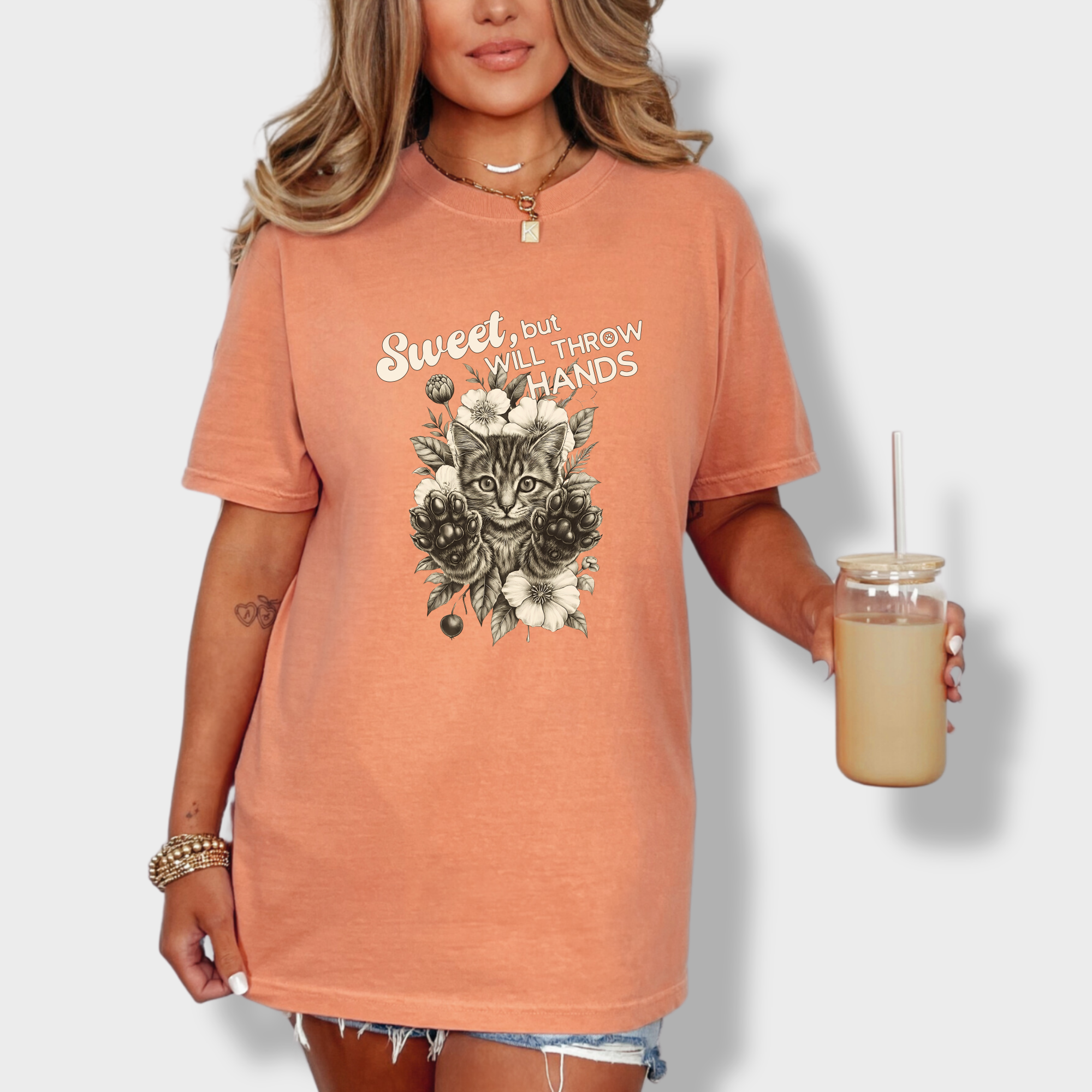 Western Sweet But Will Throw Hands Cat Line Art Comfort Colors T-Shirt in Terracotta-T-Shirt-Fetch N Found