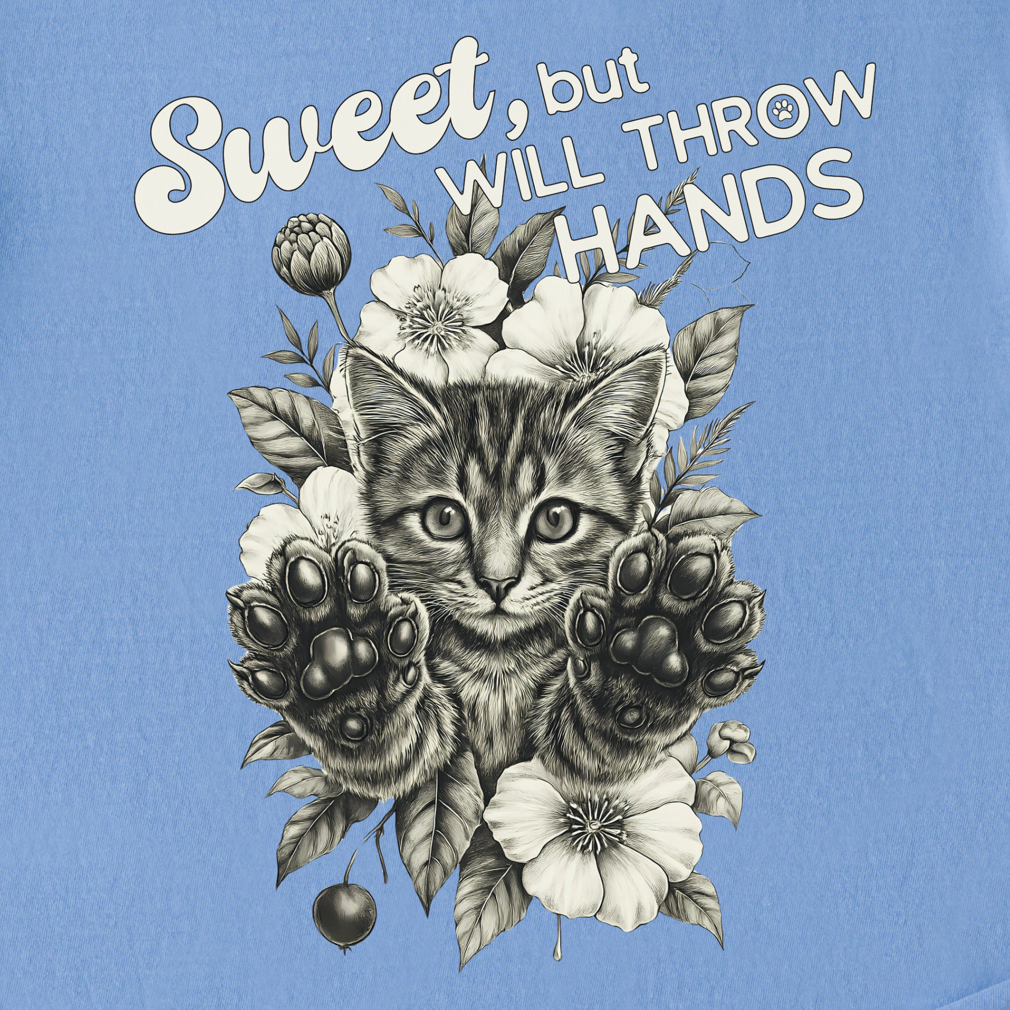 Western Sweet But Will Throw Hands Cat Line Art Comfort Colors T-Shirt in Washed Denim-T-Shirt-Fetch N Found