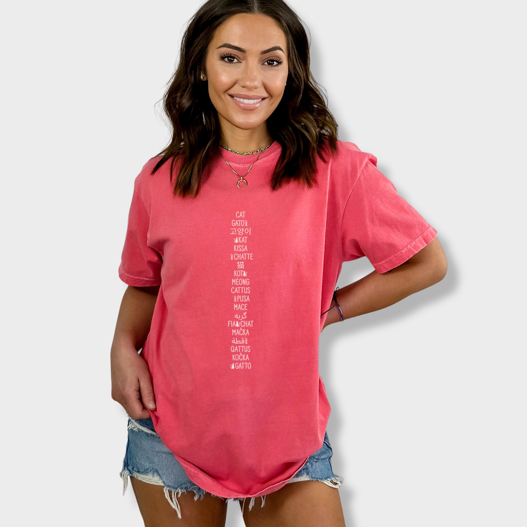 Minimalist CAT In Many Languages Cat Text Comfort Colors T-Shirt in Watermelon-T-Shirt-Fetch N Found
